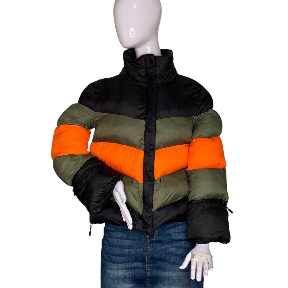 Zara Basic Color Block Puffer Jacket Black Orange Green Full-Zip Size S